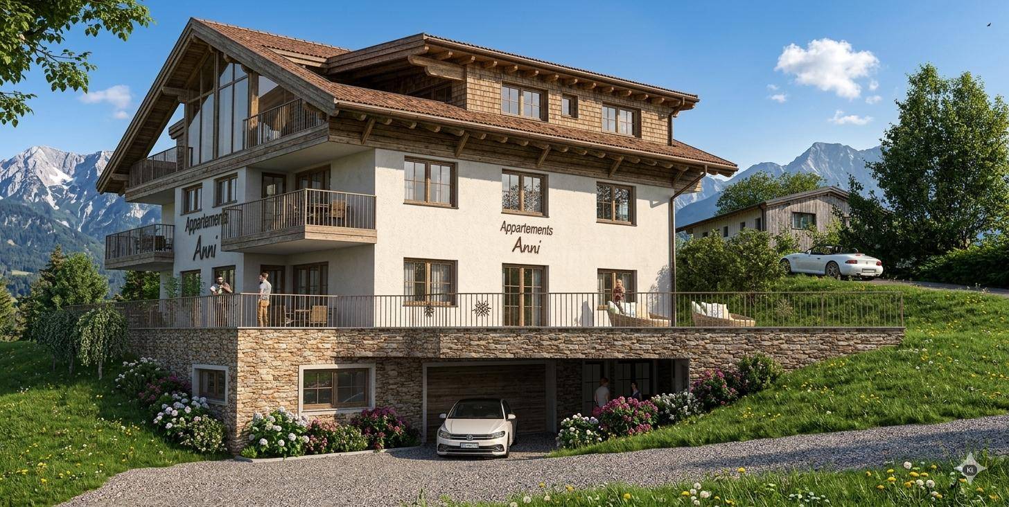 Gerendertes Mehrfamilienhaus im alpinen Stil mit Balkonen und Bergblick, umgeben von grüner Landschaft.