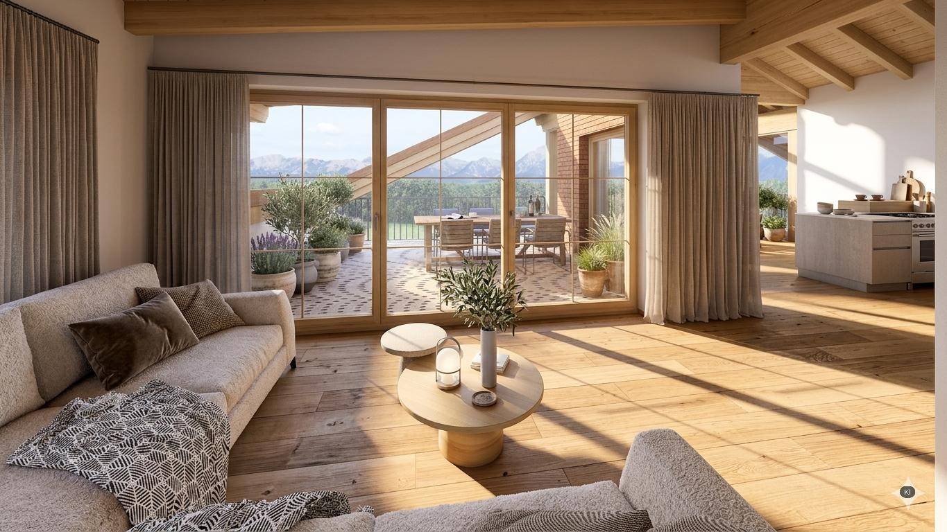 Helles Wohnzimmer mit Holzboden und großen Fenstern, die Zugang zu einer Terrasse mit Bergblick bieten.