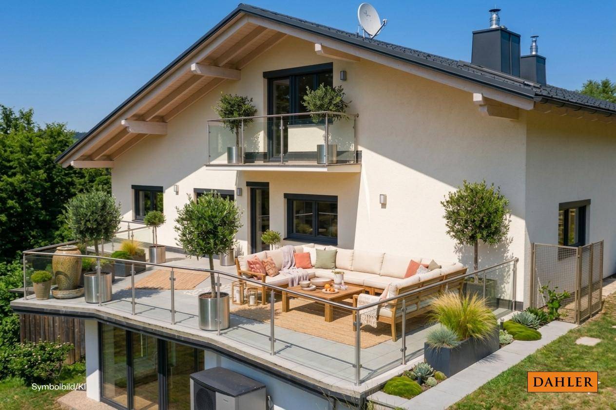 Große, möblierte Terrasse mit Glasgeländer und Pflanzen, darunter ein Balkon mit Bergblick.