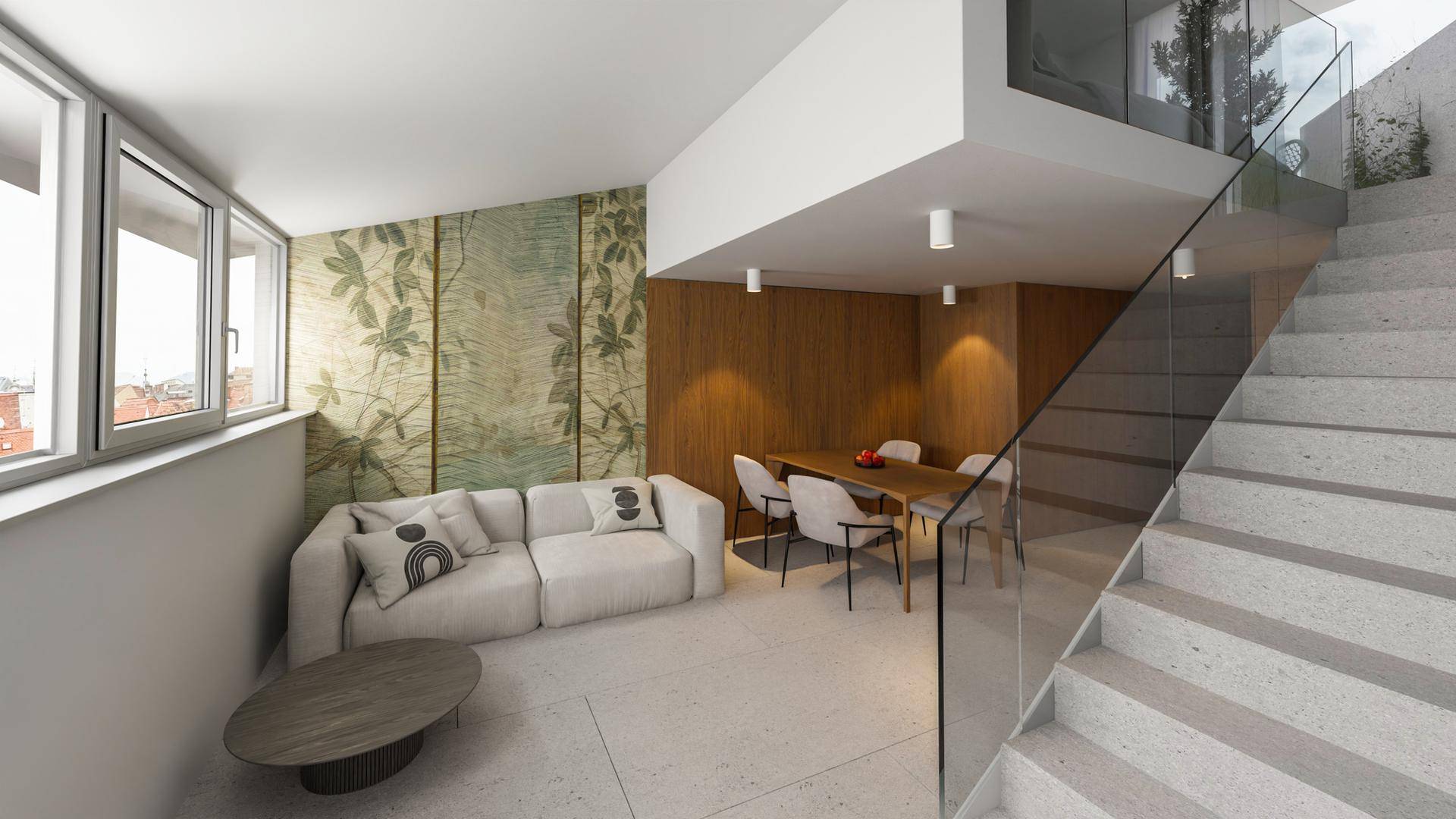 Heller, offener Wohnbereich mit Sofa, Essbereich und moderner Treppe zu einer oberen Ebene.