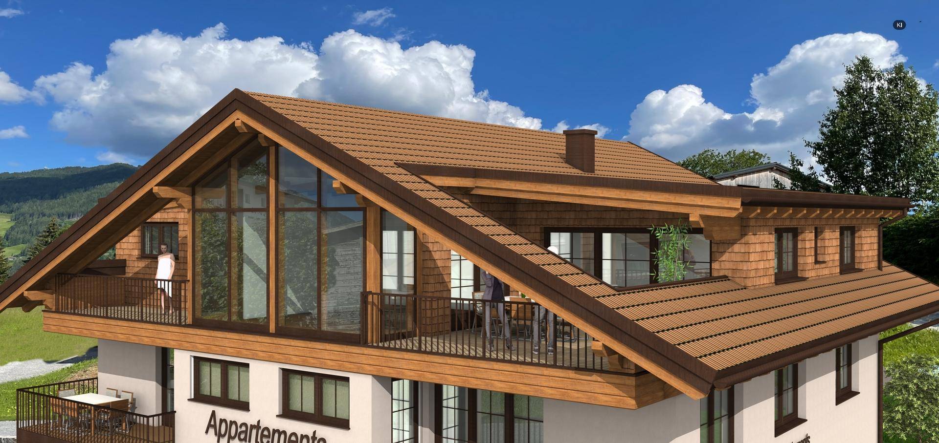 Gerendertes Dachgeschoss eines Gebäudes im alpinen Stil mit großen Glasfronten und Balkonen.