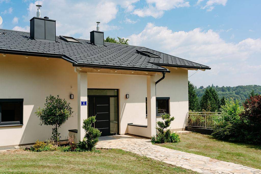 Eingangsbereich des modernen Hauses mit stilvoller Tür und gepflegter Vorgartenbepflanzung.
