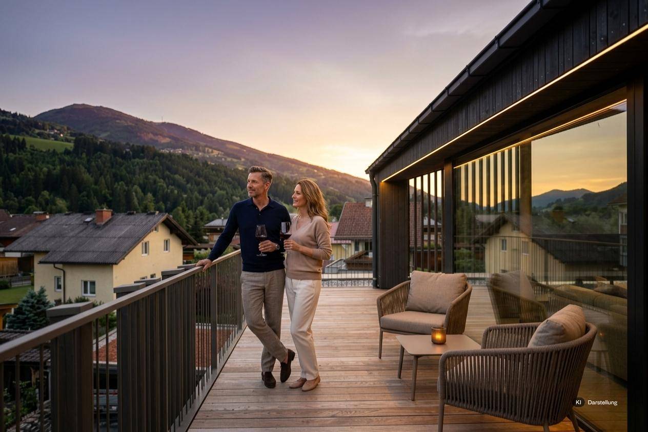 Geräumiger Balkon mit Holzboden, bequemen Lounge-Möbeln und weitem Bergblick bei Sonnenuntergang.