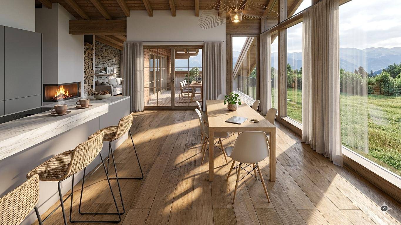 Offener Wohn- und Essbereich mit Holzboden, Kamin und Panoramafenstern mit Bergblick.