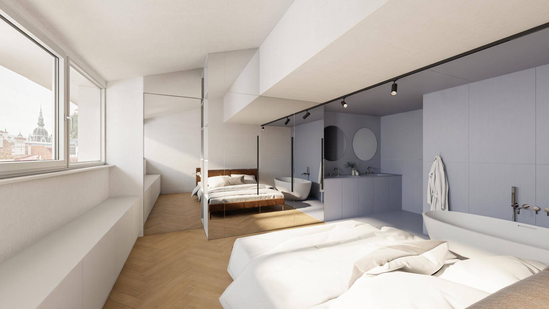 Modernes Schlafzimmer mit offenem Badbereich, freistehender Badewanne und Stadtblick.