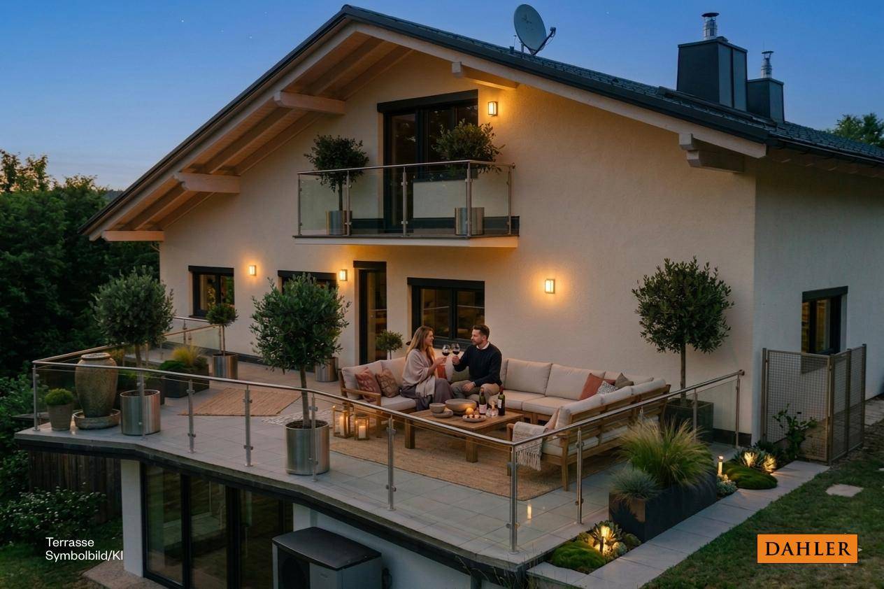 Gemütliche Terrasse mit stilvollen Gartenmöbeln und stimmungsvoller Beleuchtung am Abend.
