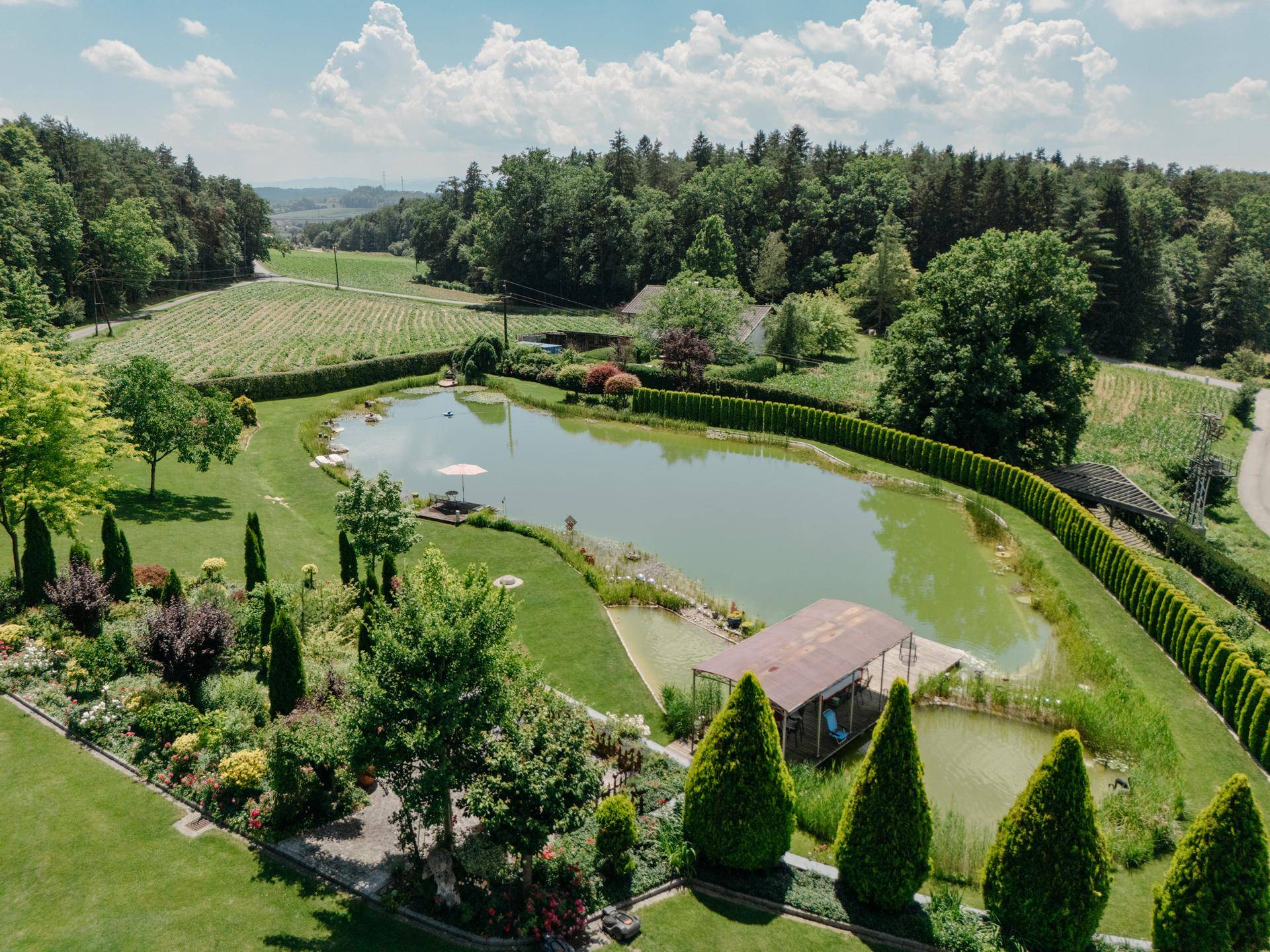 Panoramablick auf das Anwesen mit großem Naturteich und üppiger Gartenlandschaft unter blauem Himmel.