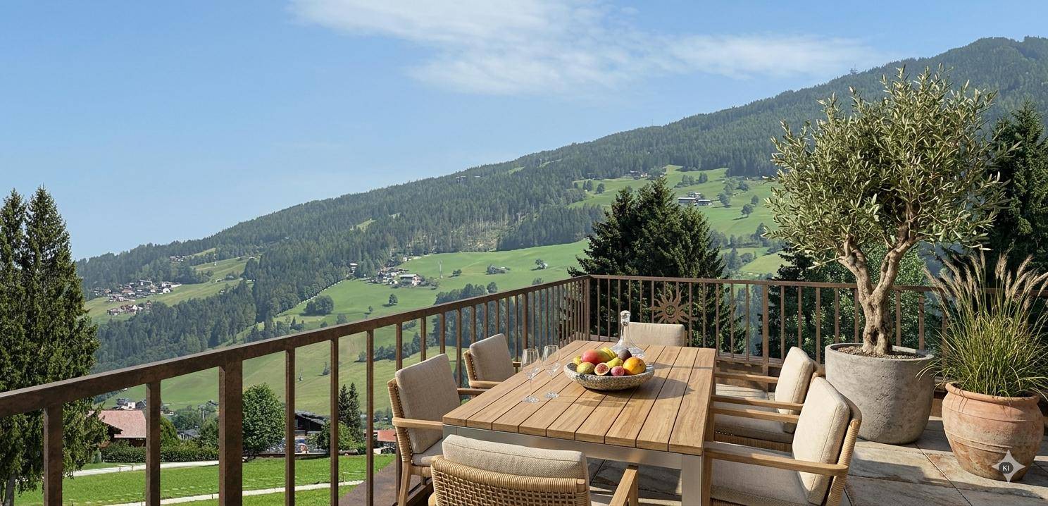 Sonniger Terrassenbereich mit Holztisch und Stühlen, bietet einen weiten Blick auf die grüne Hügellandschaft.
