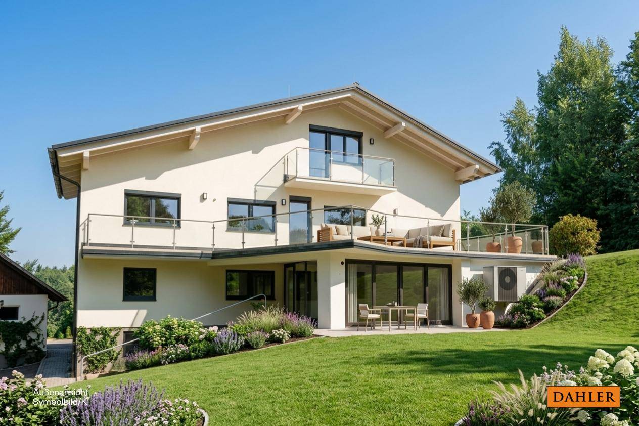 Elegantes Haus mit großer Terrasse, Balkonen und gepflegtem Gartenbereich in sonniger Lage.