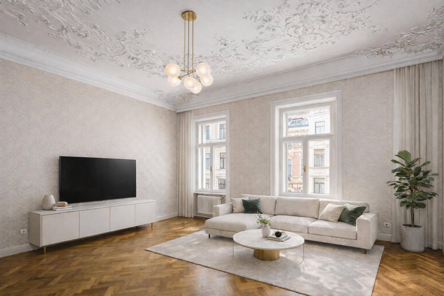 Helles Wohnzimmer mit Stuckdecke, Fischgrätparkett und moderner Einrichtung.
