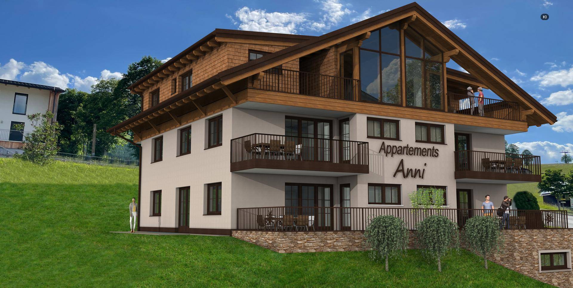 Gerendertes Mehrfamilienhaus im alpinen Stil mit Balkonen und Bergblick, umgeben von grünen Hängen.
