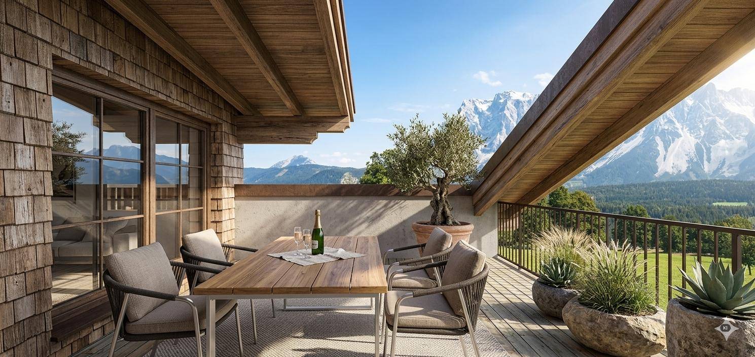 Gemütliche Terrasse mit Holztisch und bequemen Stühlen, umgeben von alpiner Architektur und Bergblick.