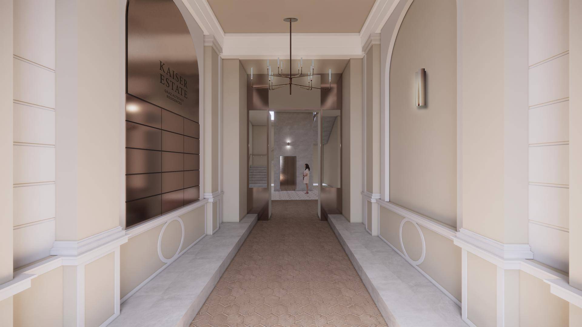 Eleganter Eingangsbereich mit klassischer Architektur, hohen Decken und stilvoller Beleuchtung.