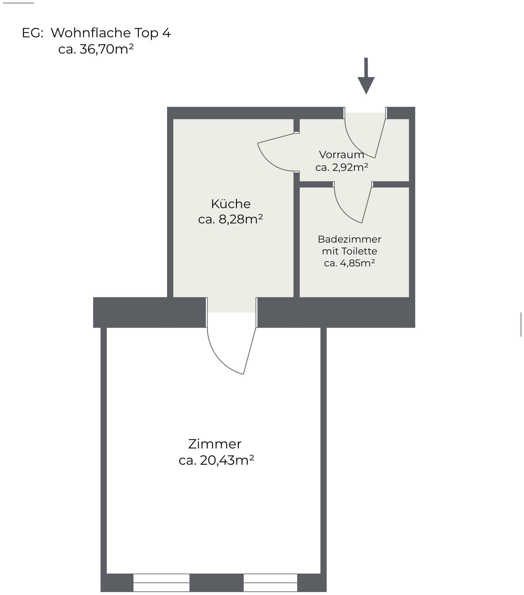 Grundriss der Wohnung mit einem Zimmer, separater Küche und Badezimmer.