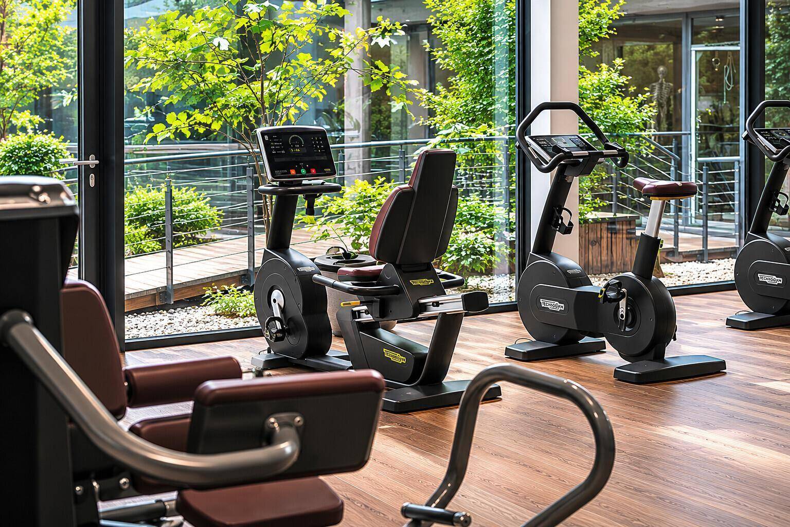 Fitnessbereich mit modernen Fahrradergometern und großen Fenstern, die viel Tageslicht hereinlassen.