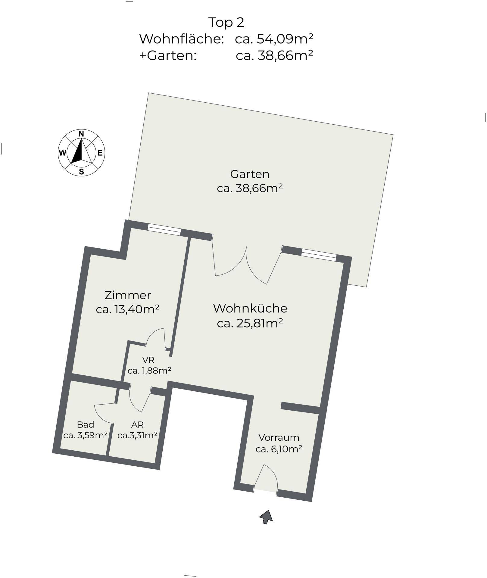 Grundriss der Wohnung mit Wohnküche, Zimmer, Bad und Gartenanteil.
