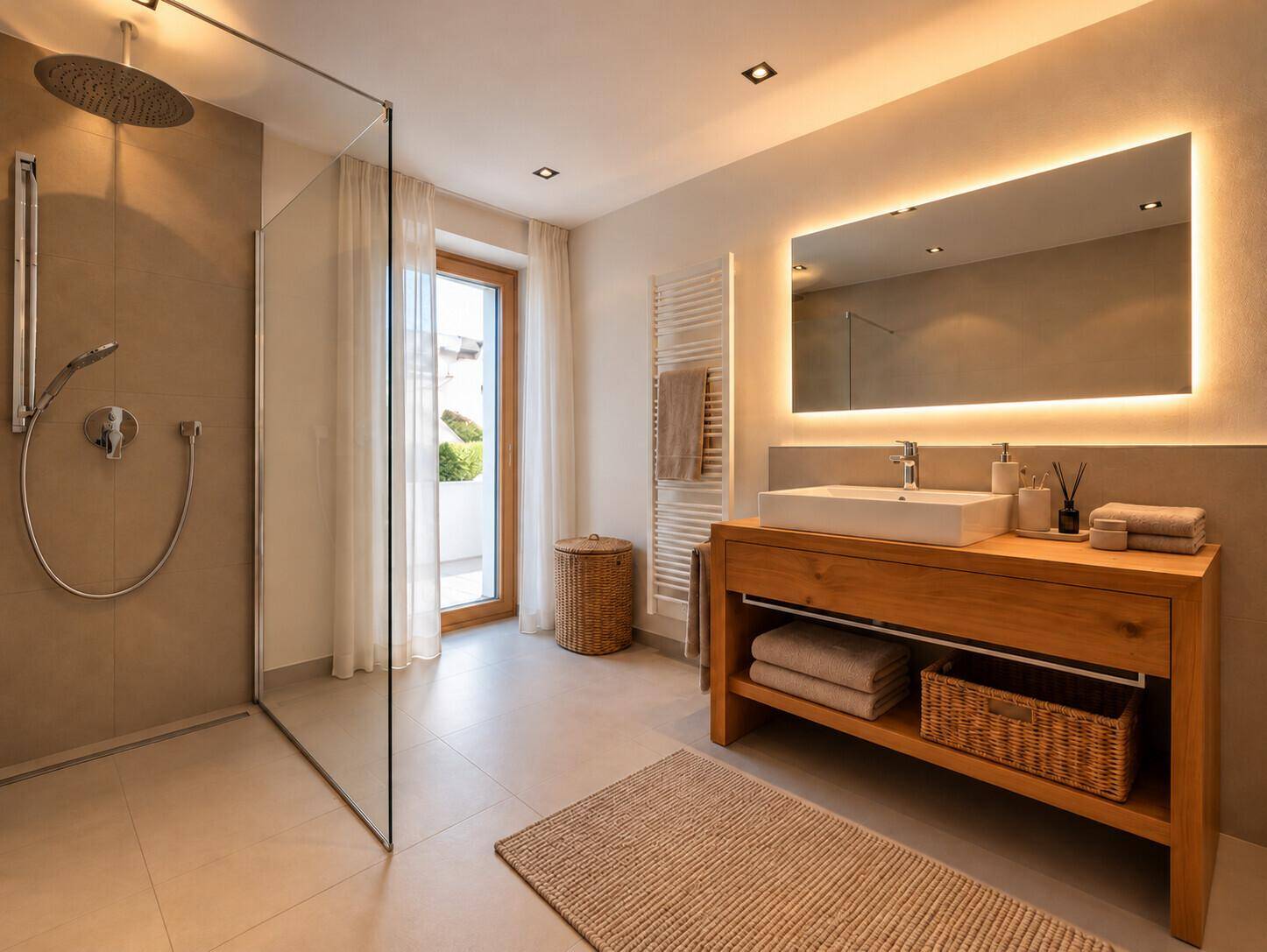 Modernes Badezimmer mit ebenerdiger Dusche, Einzelwaschbecken und Zugang zum Außenbereich.