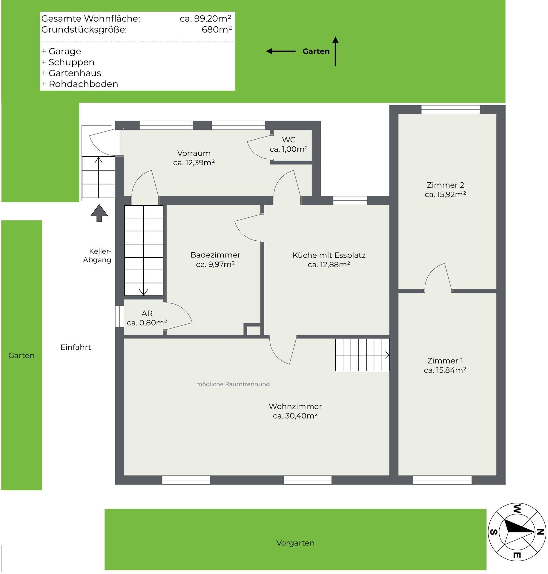 Grundriss des Erdgeschosses mit Wohnzimmer, Küche, Bad und zwei weiteren Zimmern.
