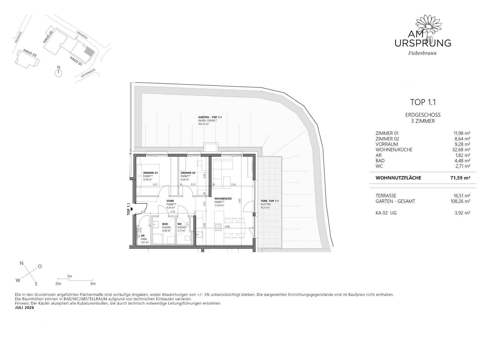 Grundriss der Erdgeschosswohnung TOP 1.1 mit drei Zimmern, Terrasse und Gartenanteil.