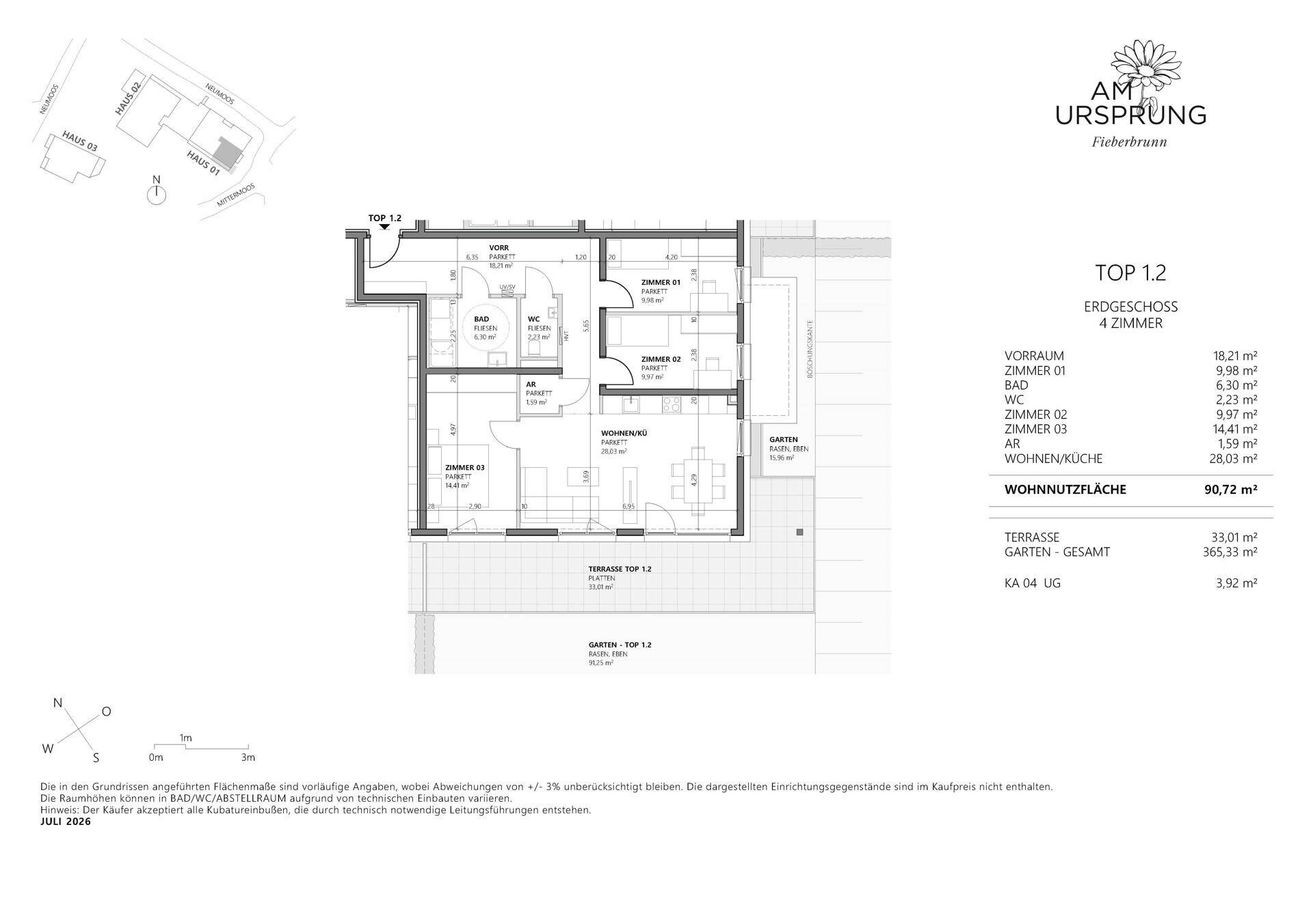 Grundriss für eine 4-Zimmer-Wohnung im Erdgeschoss mit Terrasse und Garten.