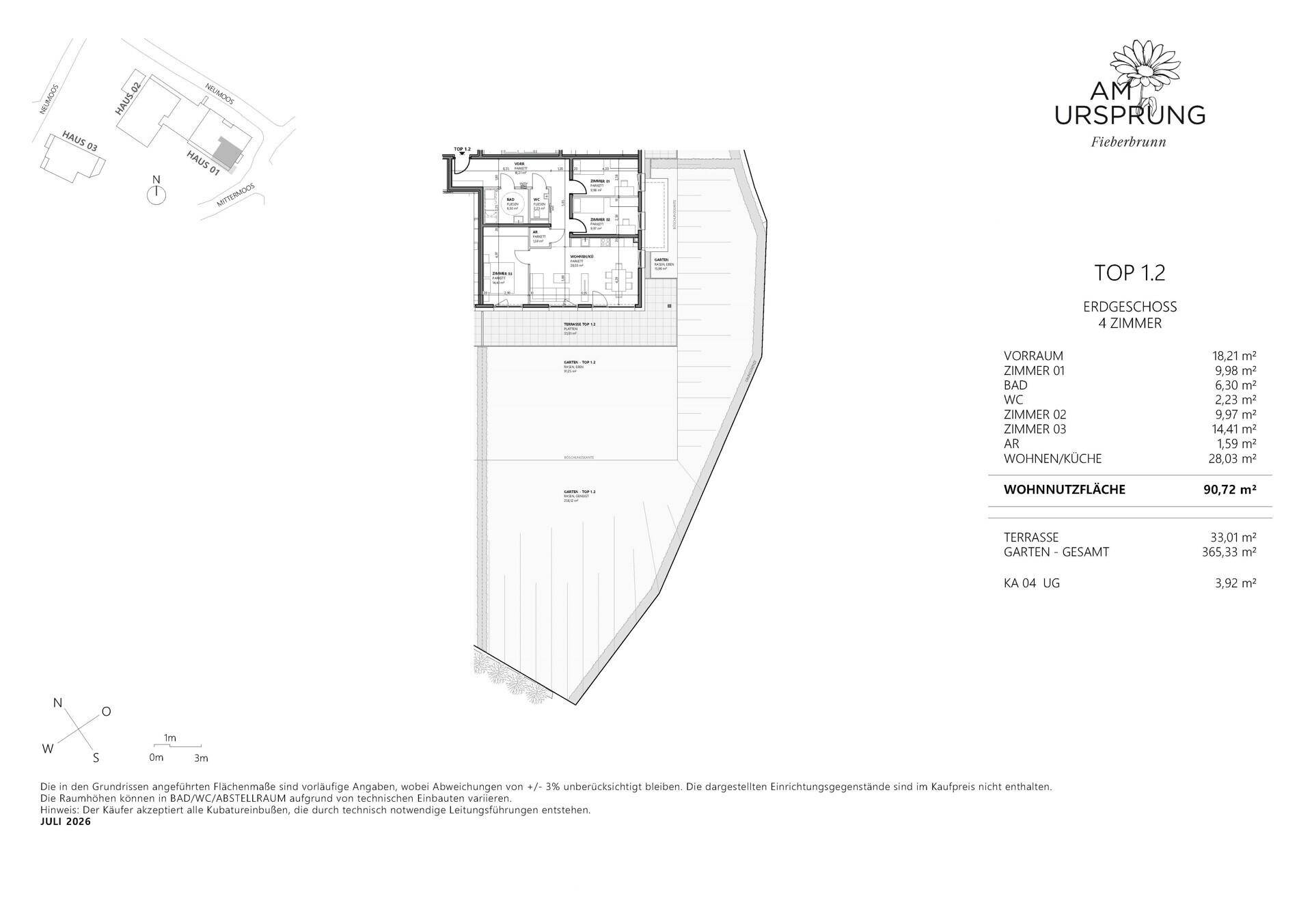 Detaillierter Grundriss einer Erdgeschosswohnung mit großem Gartenbereich und Terrasse.