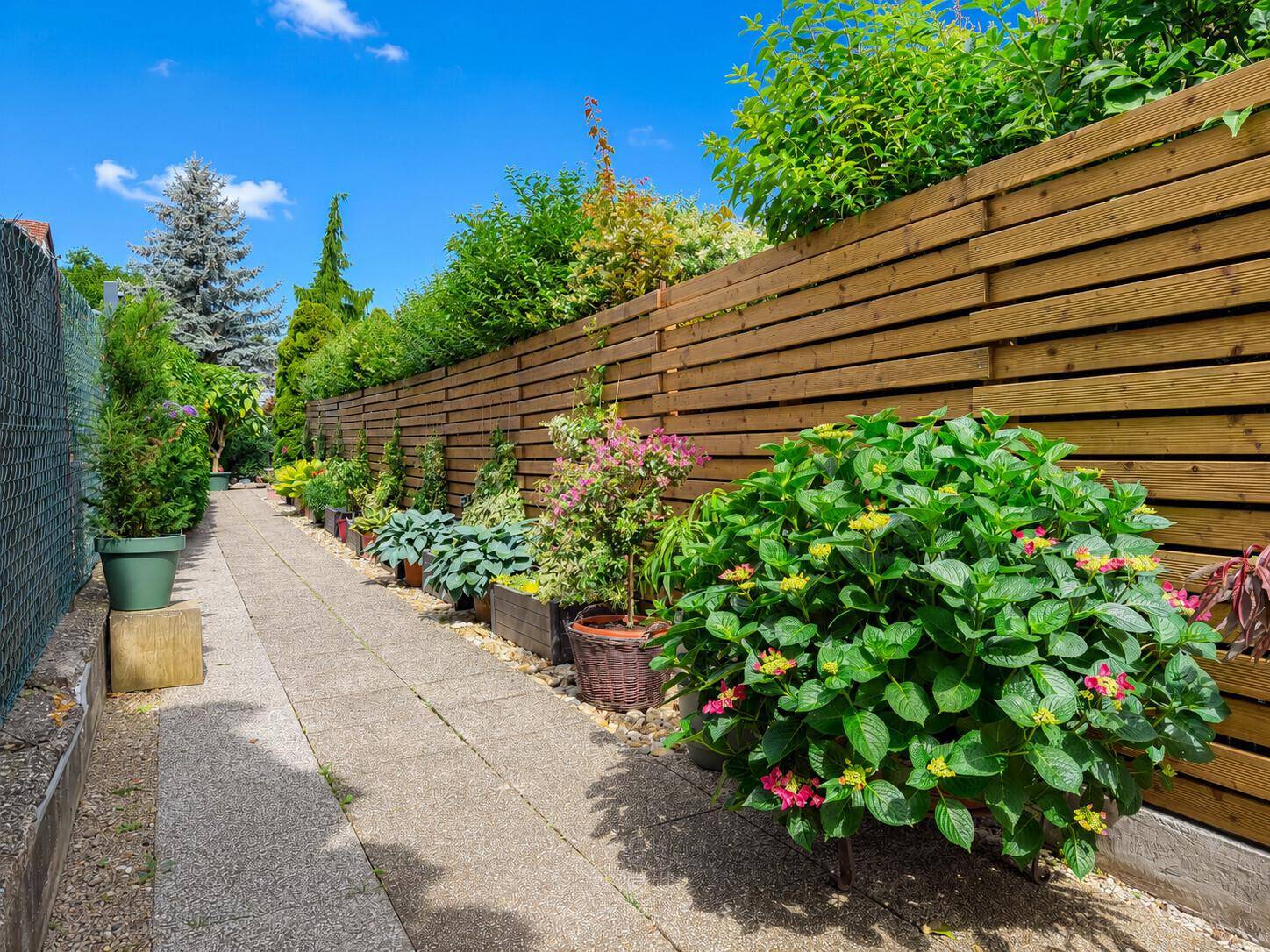 Gepflasterter Gartenweg entlang eines Holzzauns mit dekorativen Topfpflanzen.