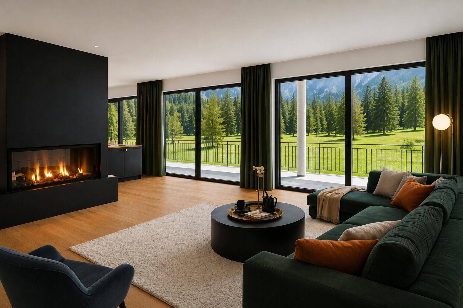 Gemütliches Wohnzimmer mit dunklem Kamin, Holzboden und Panoramafenstern zur Natur.