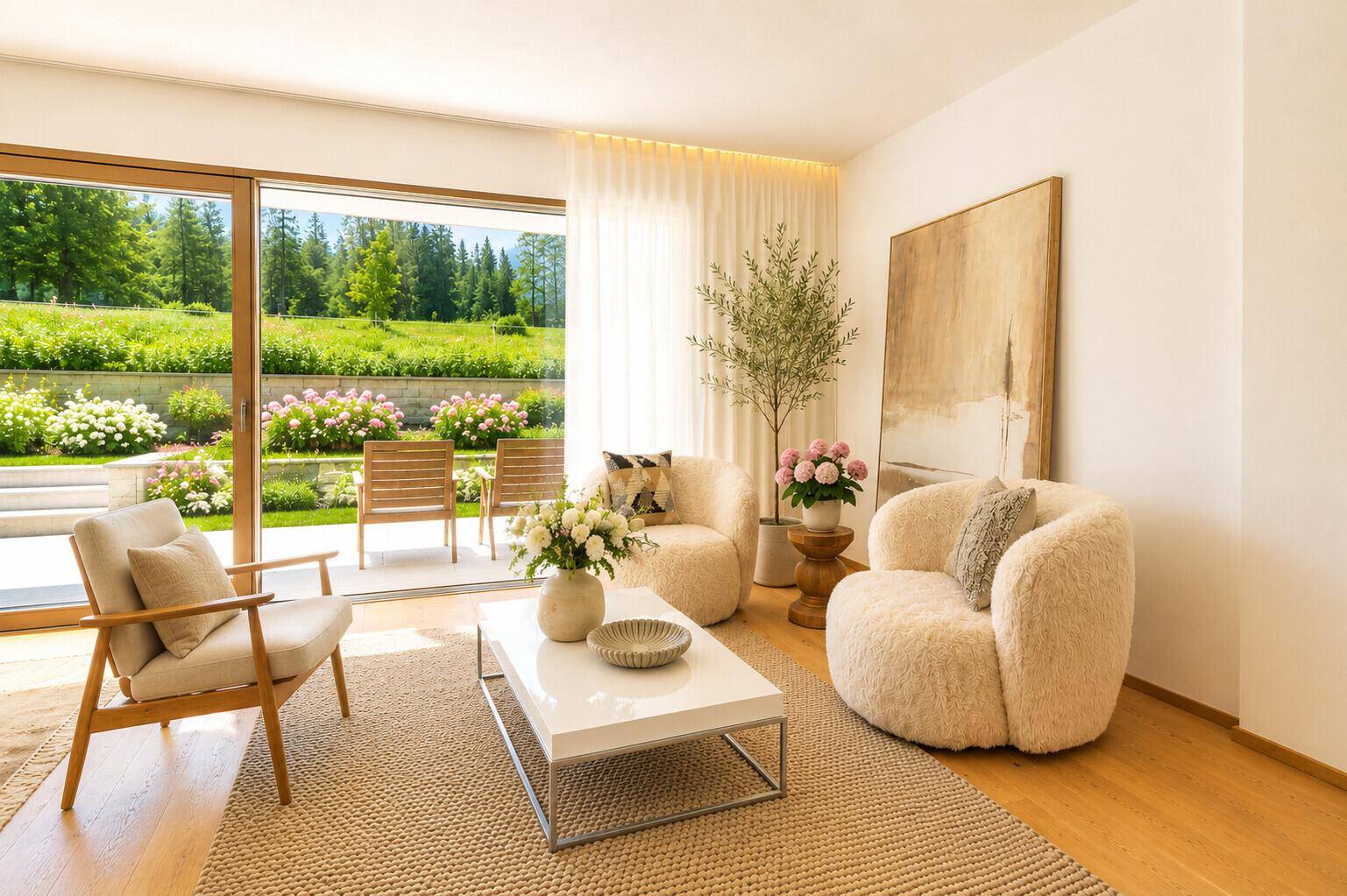 Gemütliches Wohnzimmer mit modernen Sesseln und großem Schiebefenster zum Garten mit Bergblick.