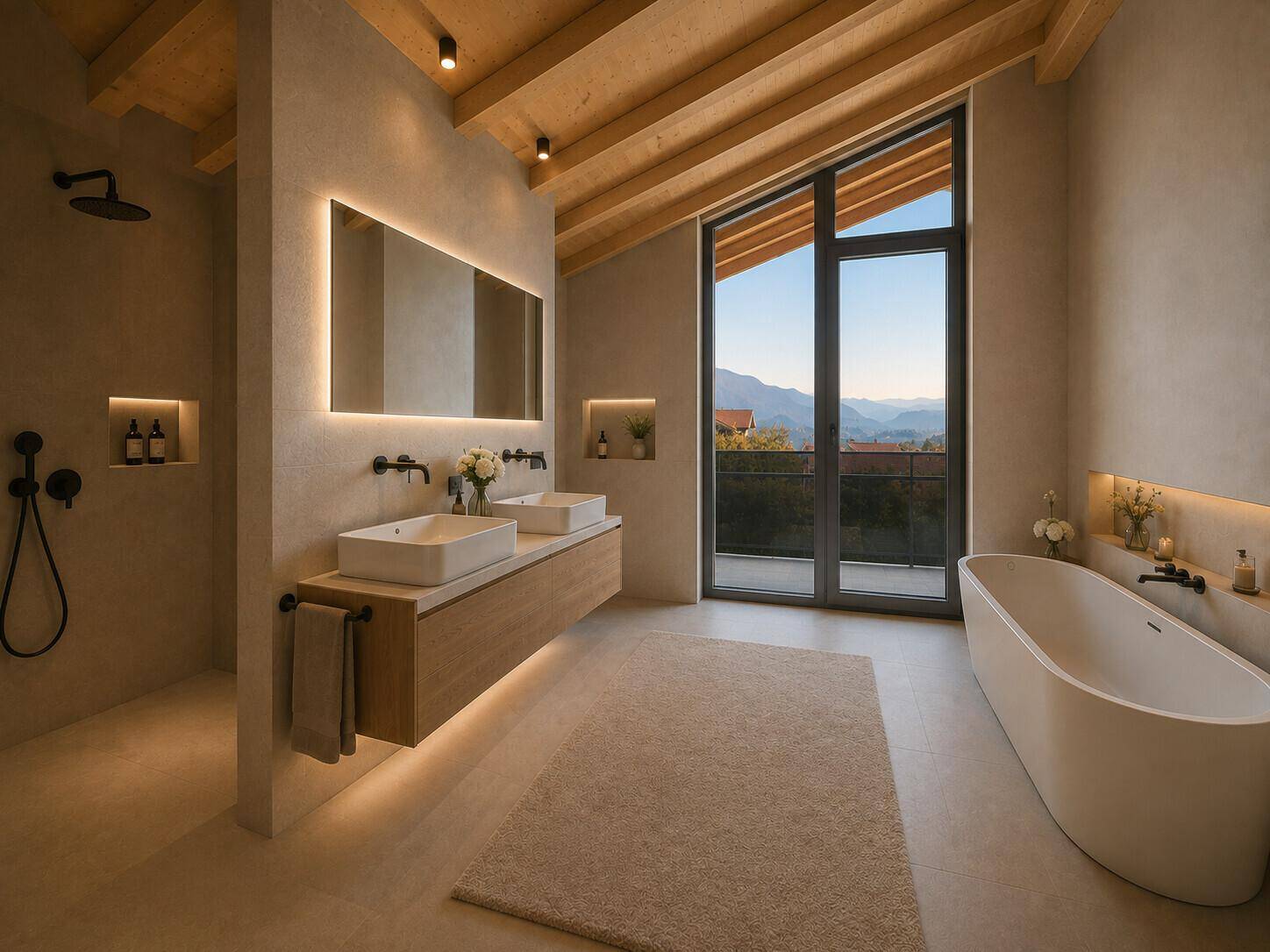 Luxuriöses Badezimmer mit Doppelwaschbecken, freistehender Badewanne und Bergblick durch große Fenster.