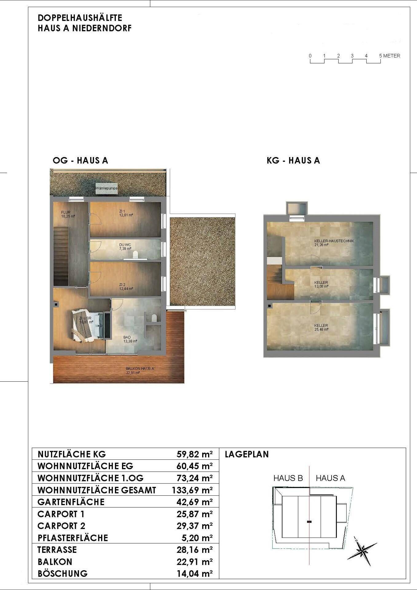 Grundriss des Obergeschosses und Kellergeschosses von Haus A mit Schlafzimmern und Abstellräumen.