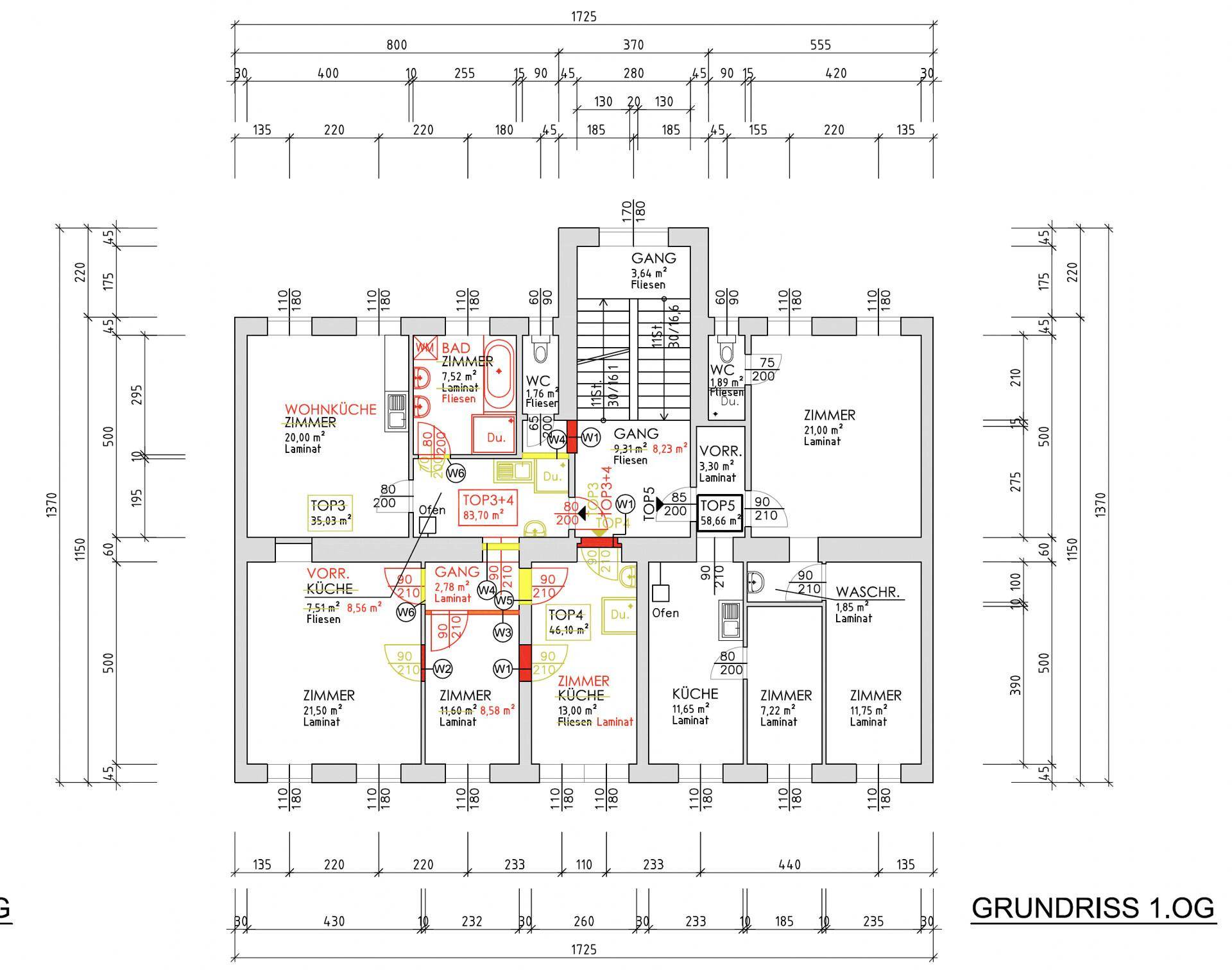 Grundriss des ersten Obergeschosses mit verschiedenen Wohneinheiten und zentralem Treppenhaus.