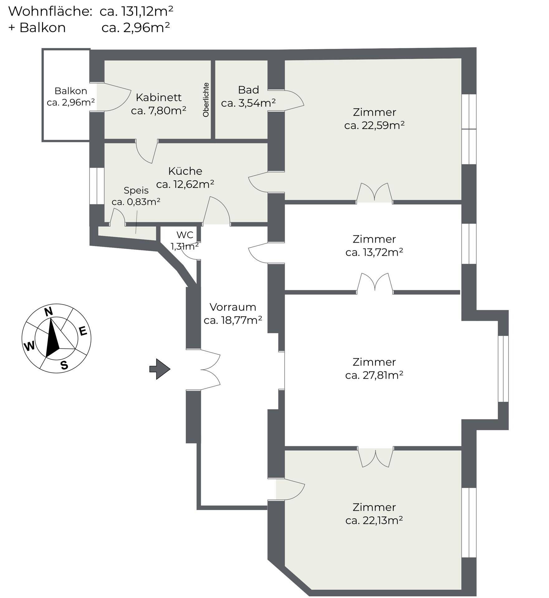Grundriss einer Wohnung mit Küche, mehreren Zimmern, zwei Bädern, WC und einem Balkon.