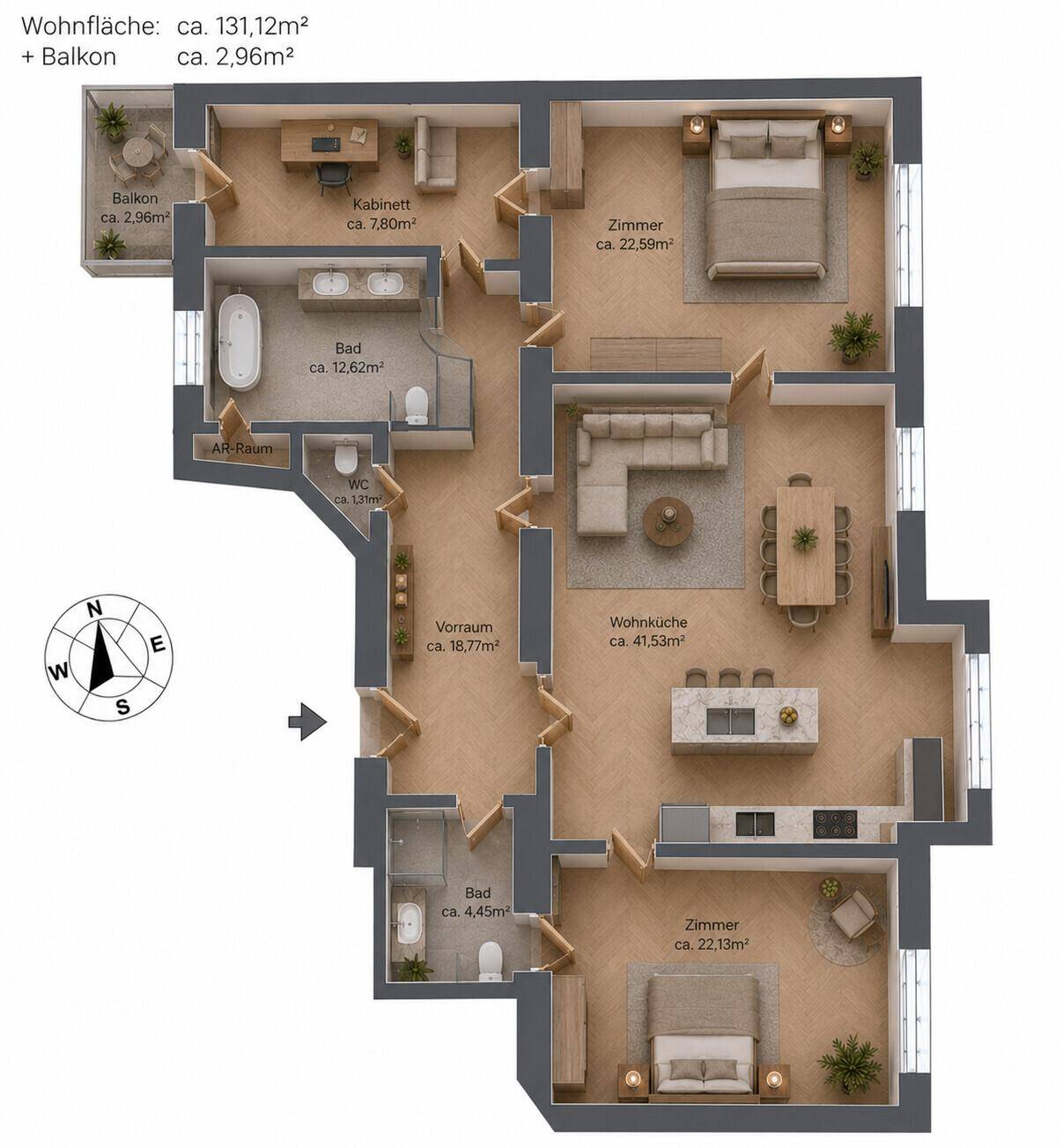 Detaillierter Grundriss der Wohnung mit Wohnküche, mehreren Zimmern, Bädern und Balkon.