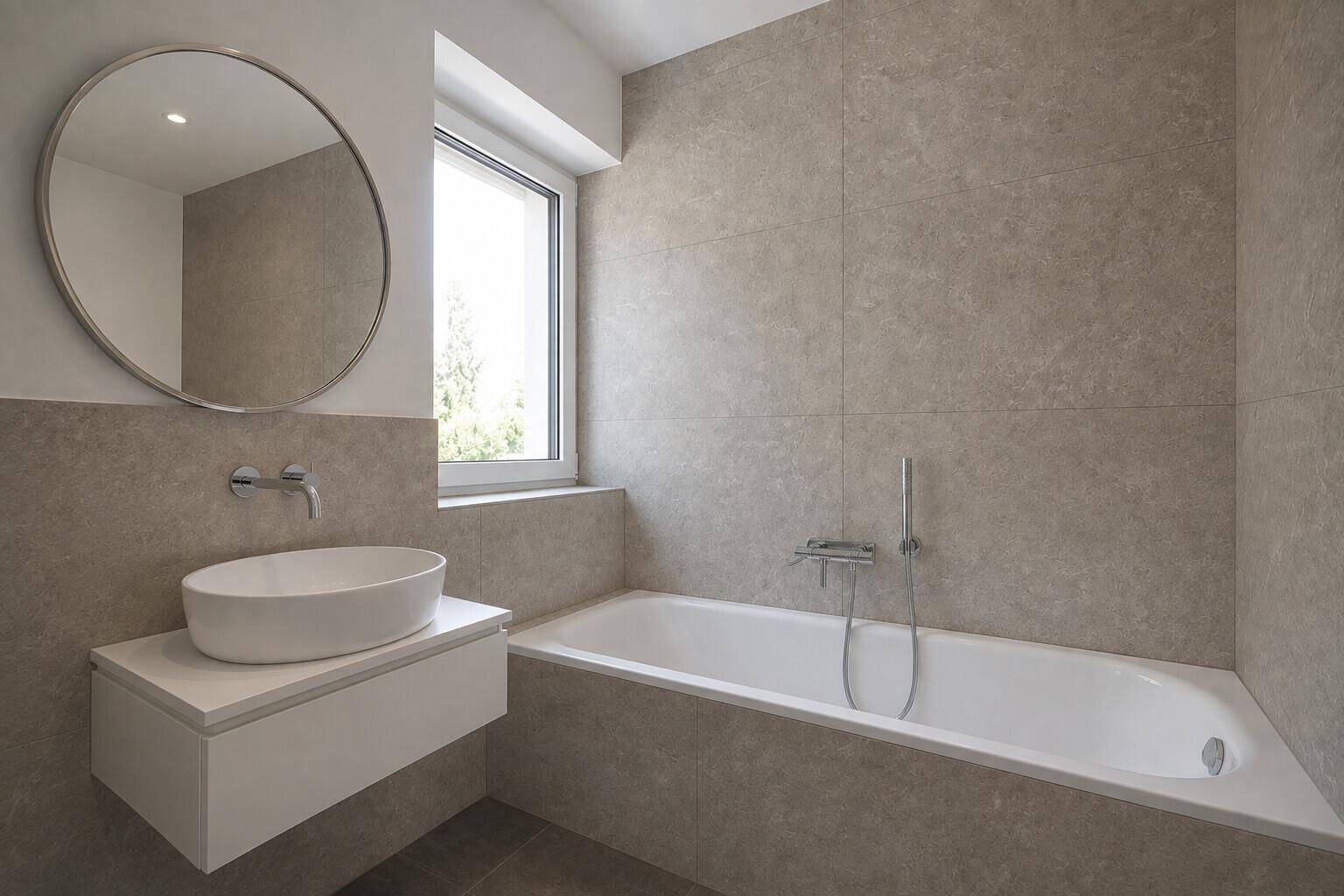 Modernes Badezimmer mit Badewanne, Aufsatzwaschbecken und Fenster für Tageslicht.