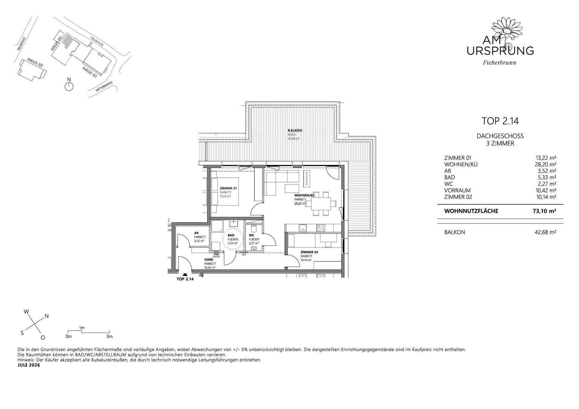 Grundriss der 3-Zimmer-Wohnung TOP 2.14 im Dachgeschoss mit großem Balkon.