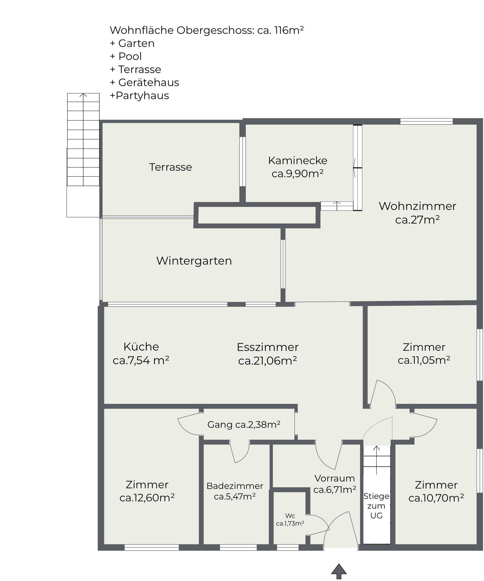 Grundriss des Obergeschosses mit Wintergarten, Küche, Esszimmer und Terrasse.