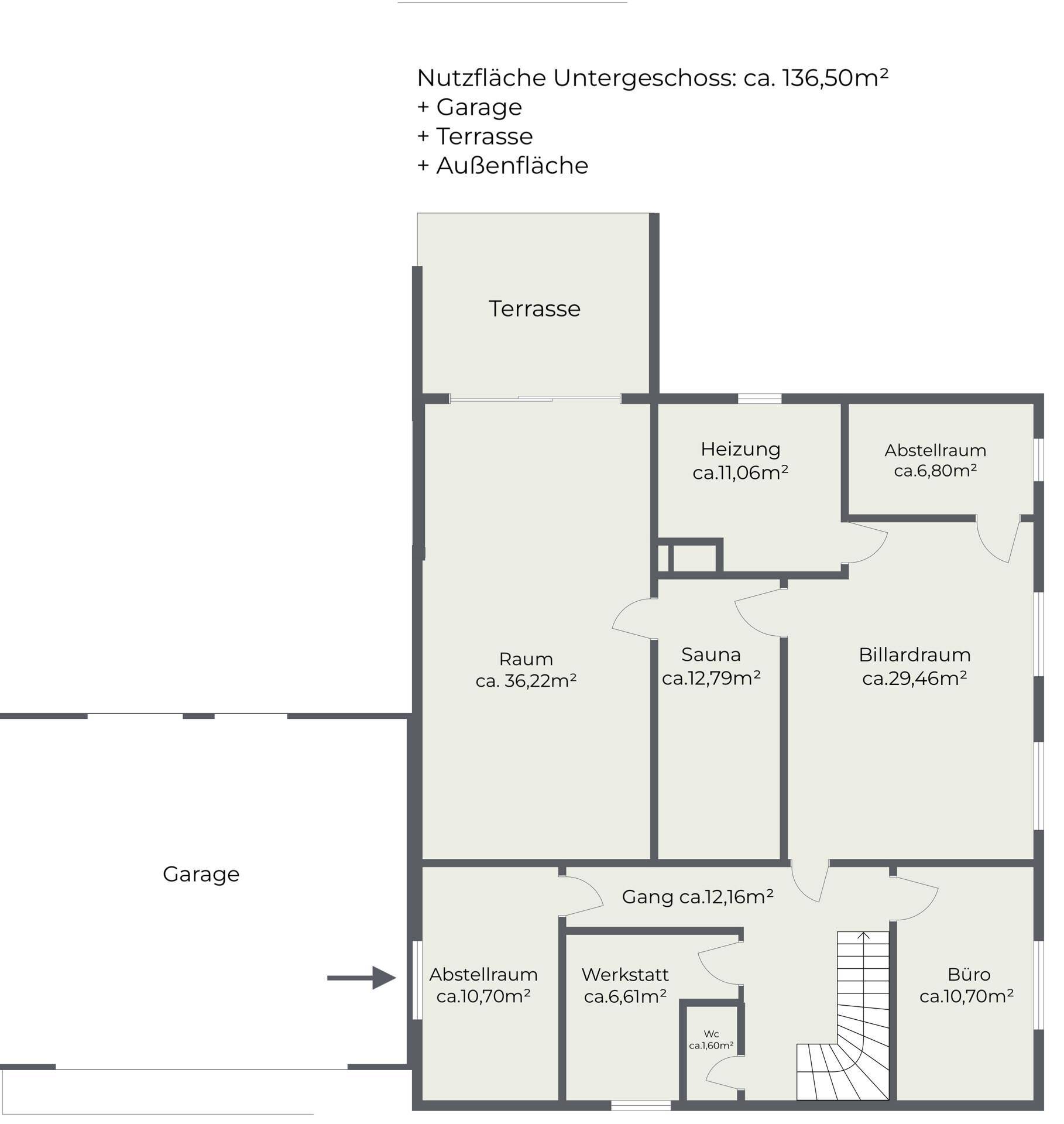 Grundriss des Untergeschosses mit Garage, Sauna, Billardraum und weiteren Nutzflächen.
