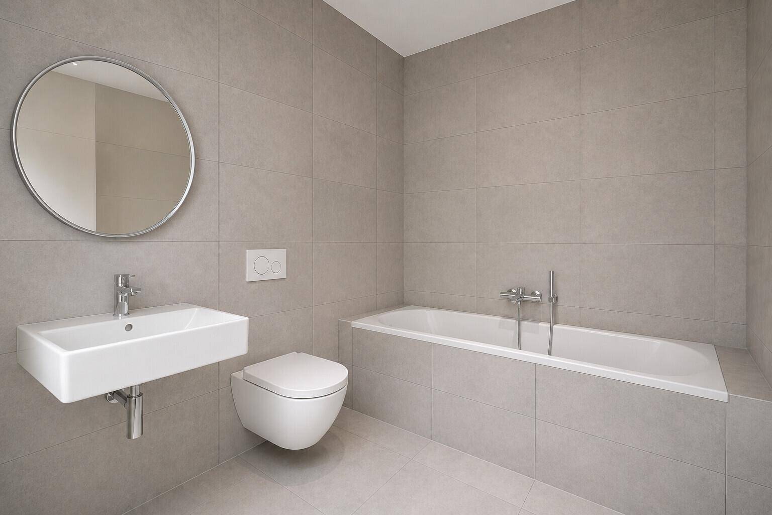 Modernes Badezimmer mit hellgrauen Fliesen, Badewanne, wandhängendem WC und rundem Spiegel.