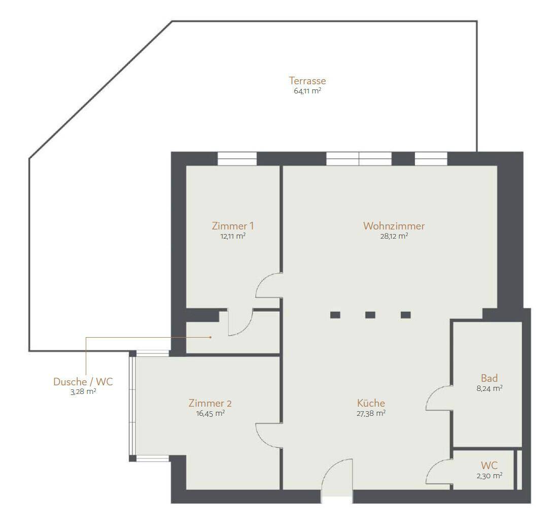 Grundriss zeigt eine Wohnung mit zwei Zimmern, Wohnzimmer, Küche, Bad, WC und großer Terrasse.
