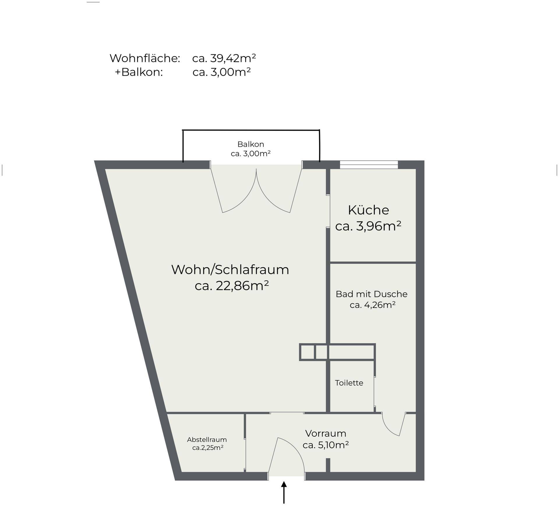Grundriss einer Wohnung mit Wohn-/Schlafzimmer, Küche, Bad und Balkon.