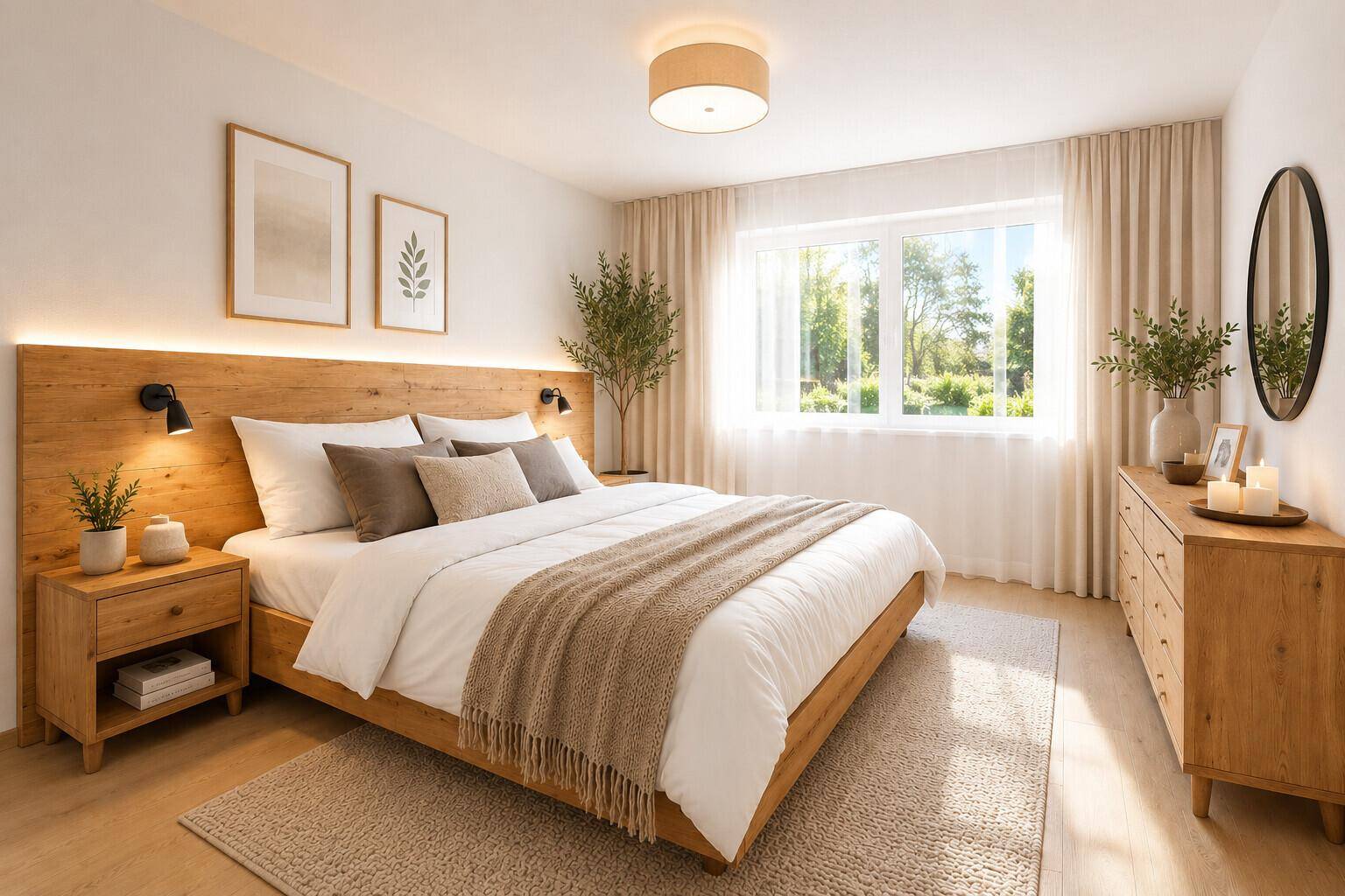 Helles Schlafzimmer mit Holzbett, Nachttischen und großem Fenster mit Blick ins Grüne.