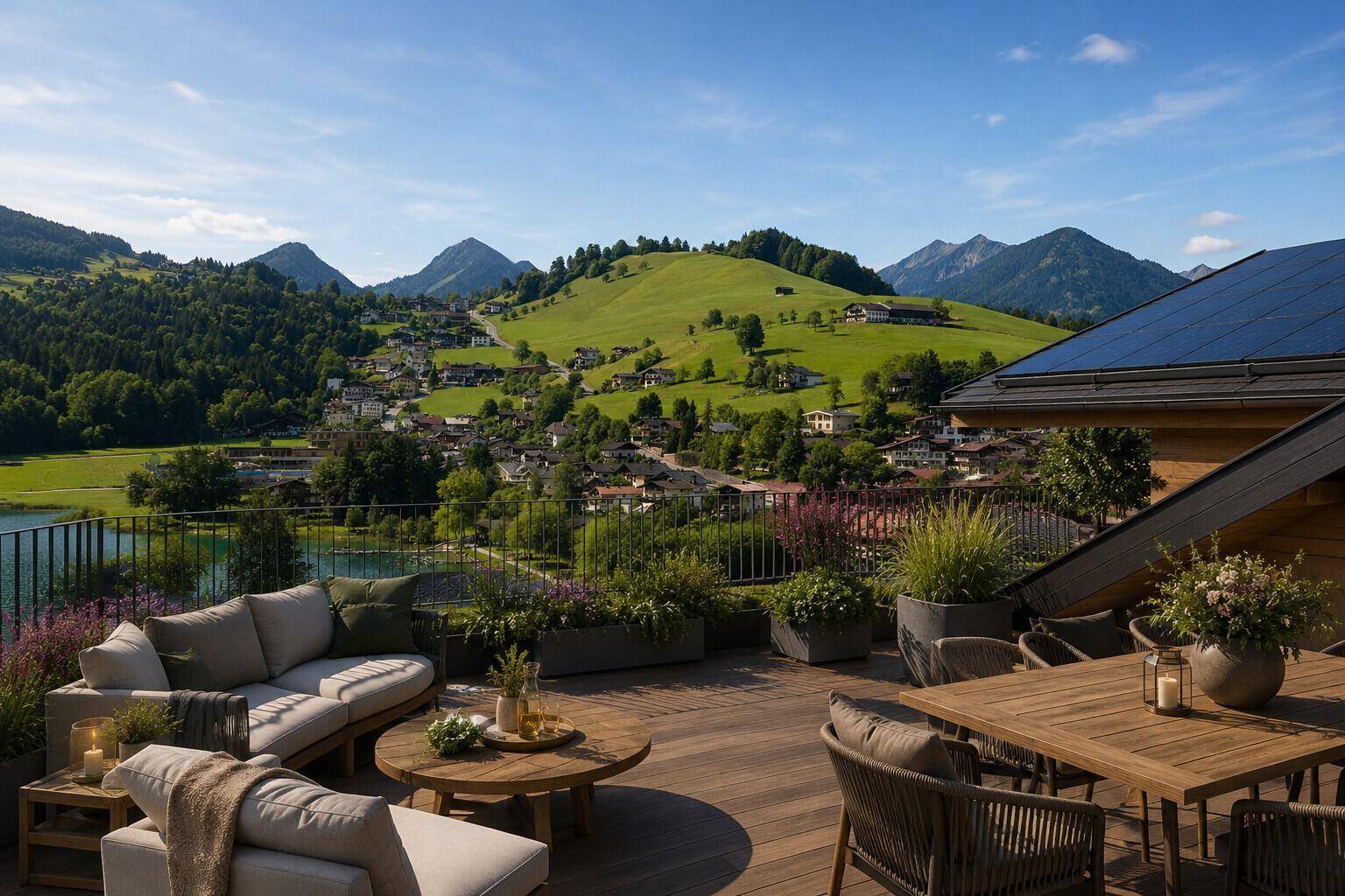 Große Dachterrasse mit bequemen Loungemöbeln, Esstisch und atemberaubendem Berg- und Seeblick.
