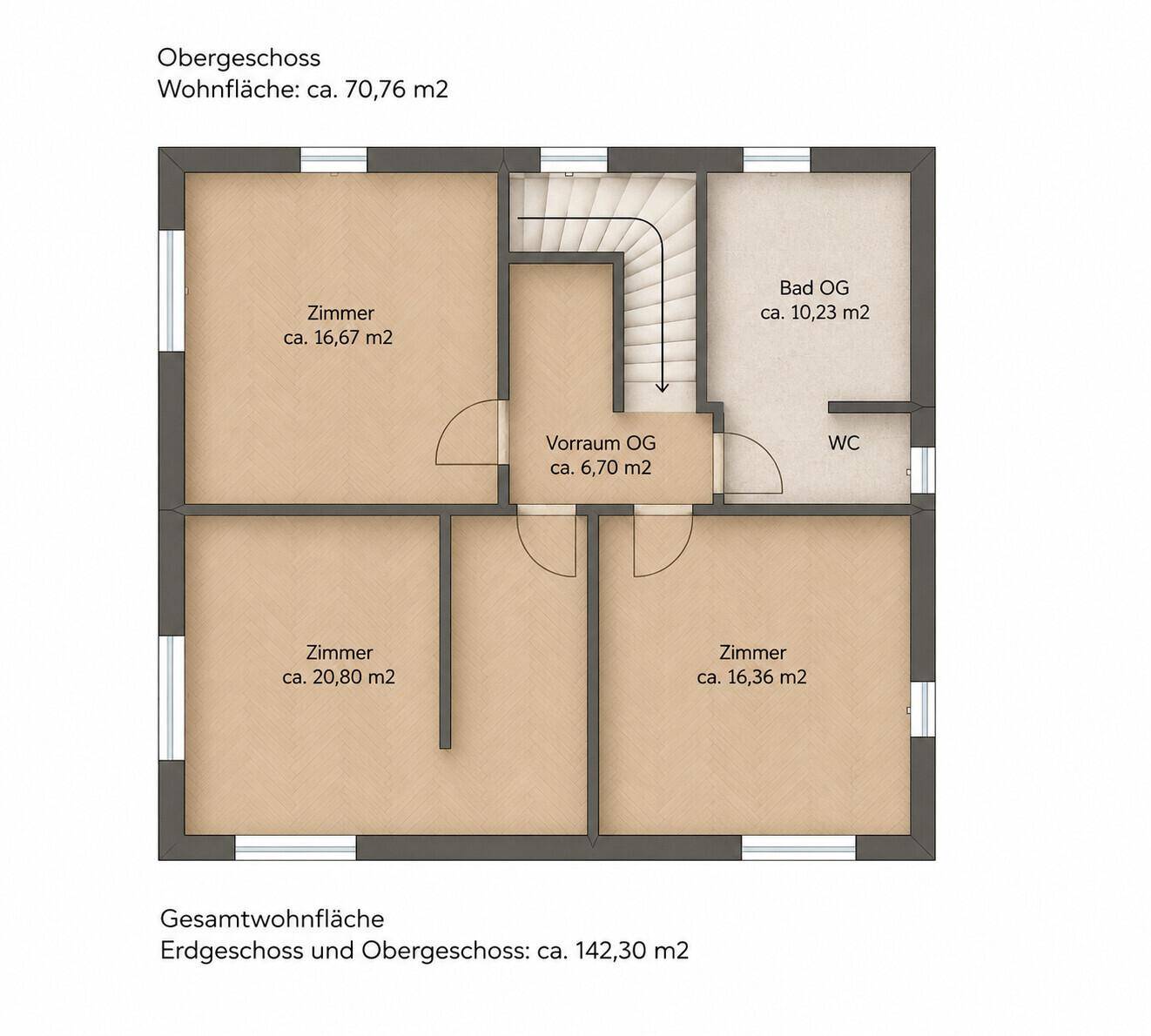 Grundriss des Obergeschosses mit drei Zimmern und zwei Bädern, zeigt die Schlaf- und Nassbereiche.