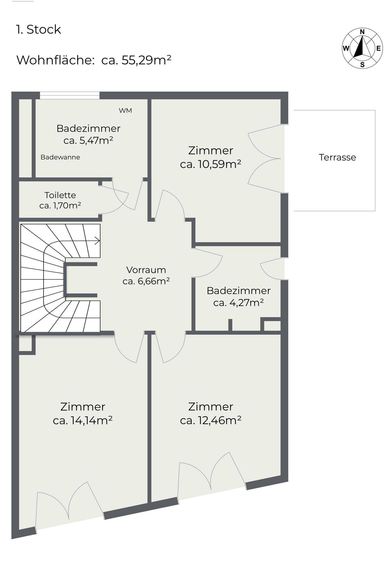 Grundriss des ersten Stocks mit drei Zimmern, zwei Bädern und einer Badewanne.