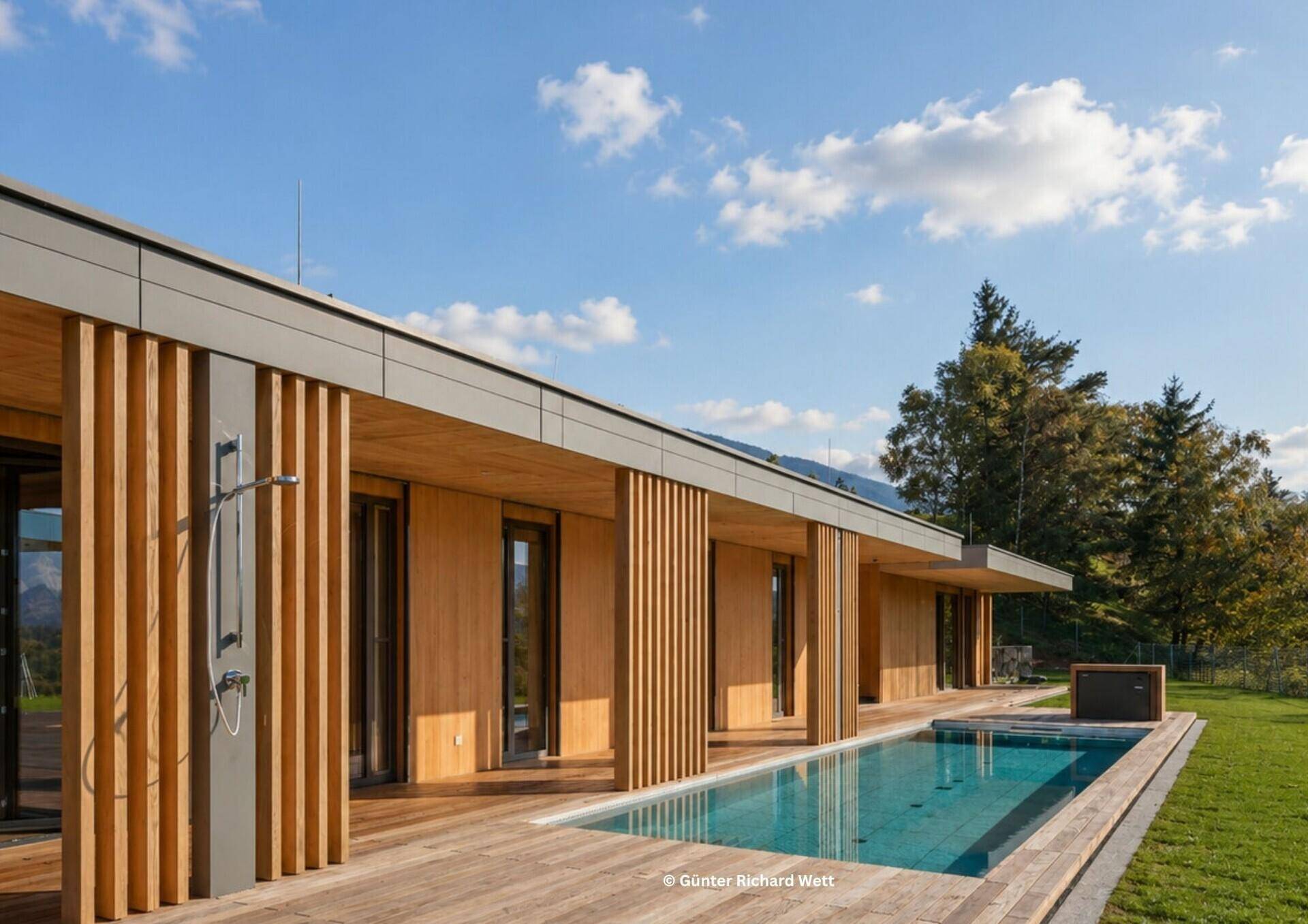 Elegante Holzfassade mit Außenbrause, langem Pool und Solarpaneelen auf dem Flachdach.