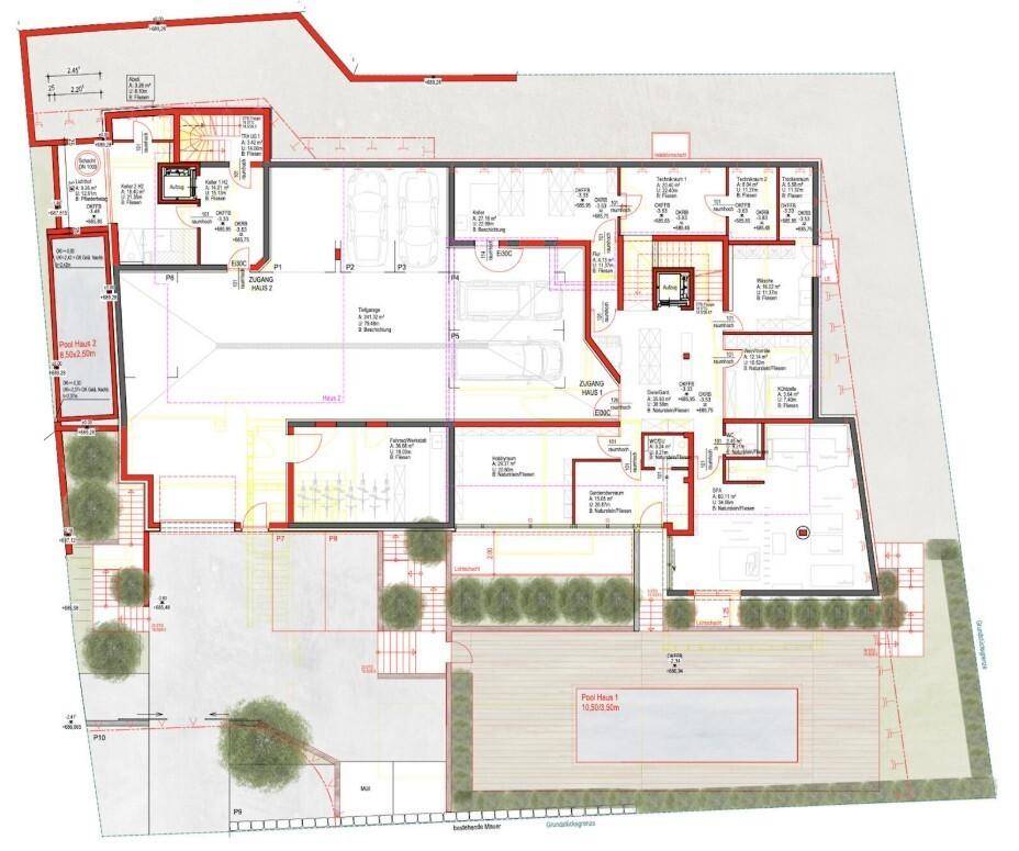 Grundrissplan des Untergeschosses mit Garagen, Technikräumen und Wellnessbereich.