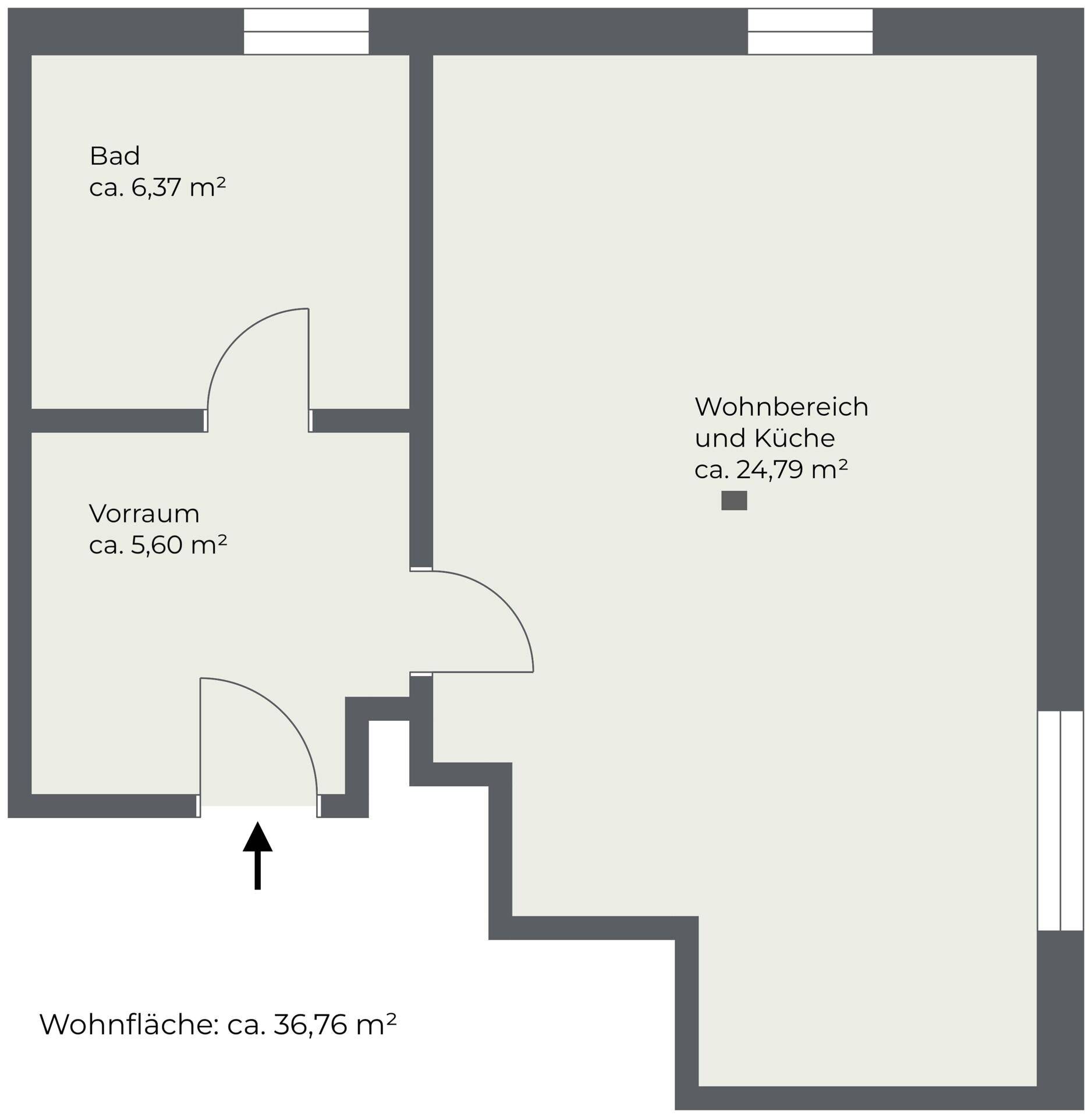 Grundriss einer Wohnung mit offenem Wohn- und Küchenbereich, einem Badezimmer und einem Vorraum.
