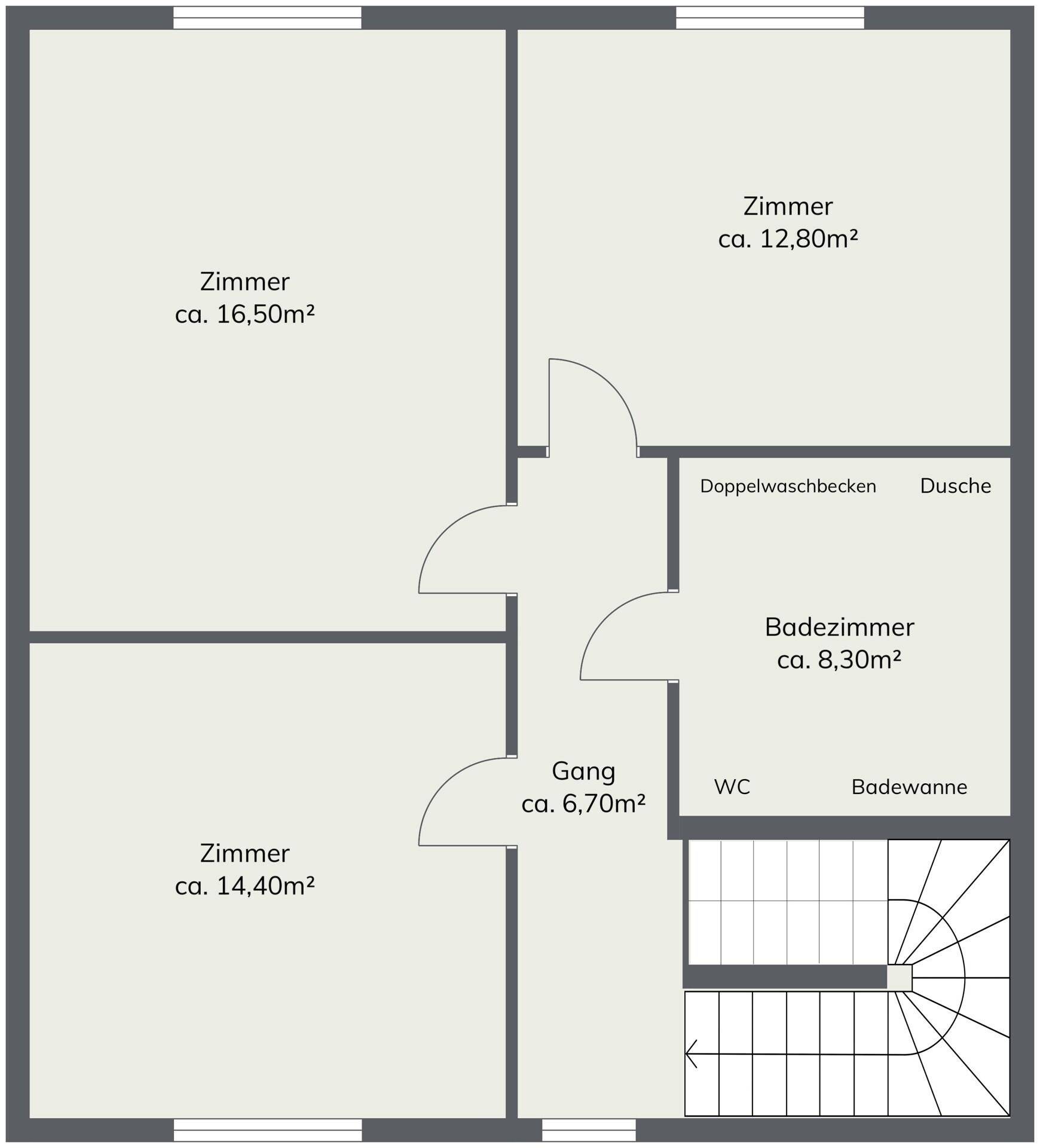 Grundriss des Obergeschosses mit drei Zimmern, Badezimmer und separatem WC.