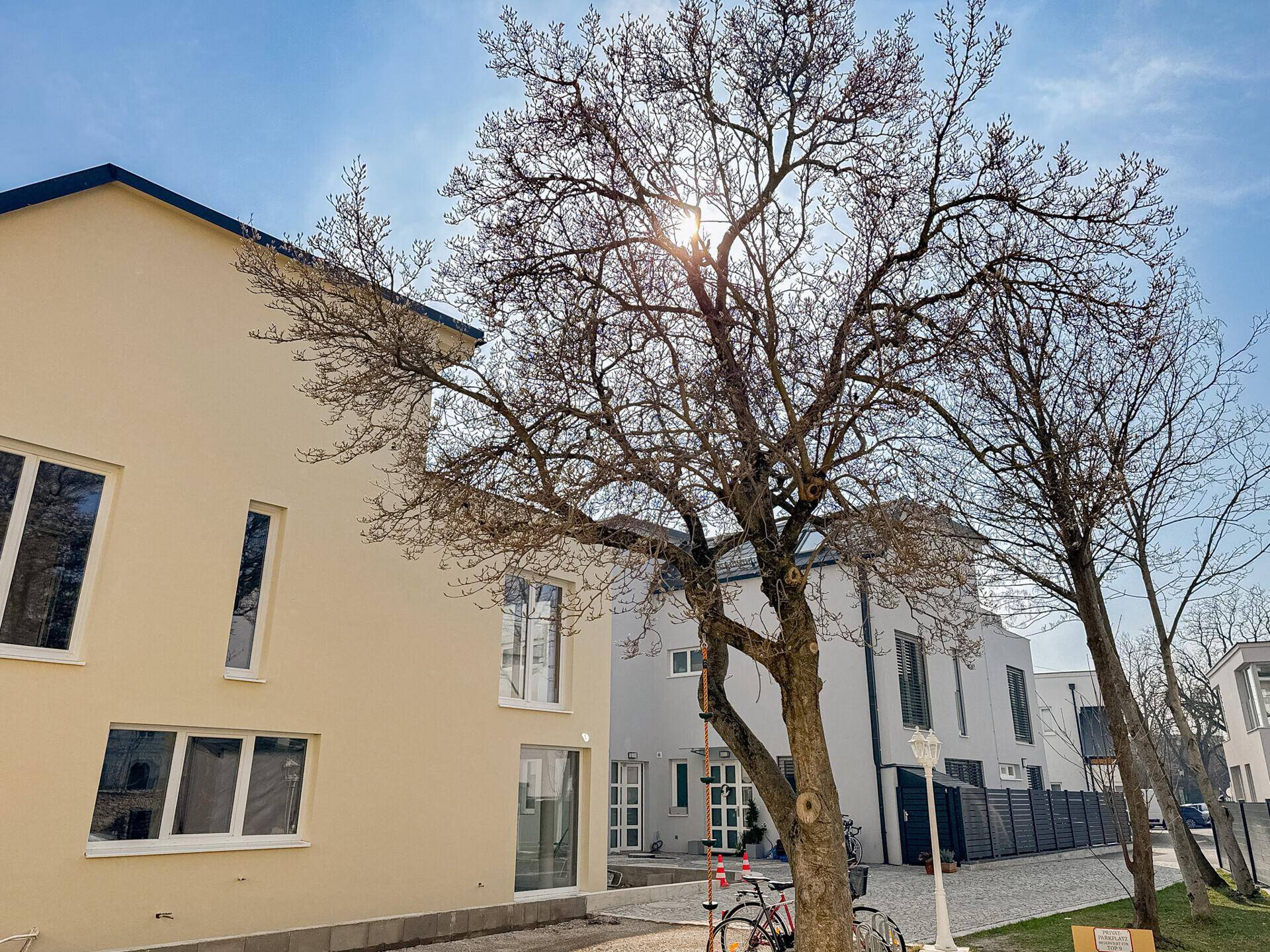 Moderne Wohngebäude entlang einer Straße mit Bäumen und sonnigem Wetter.