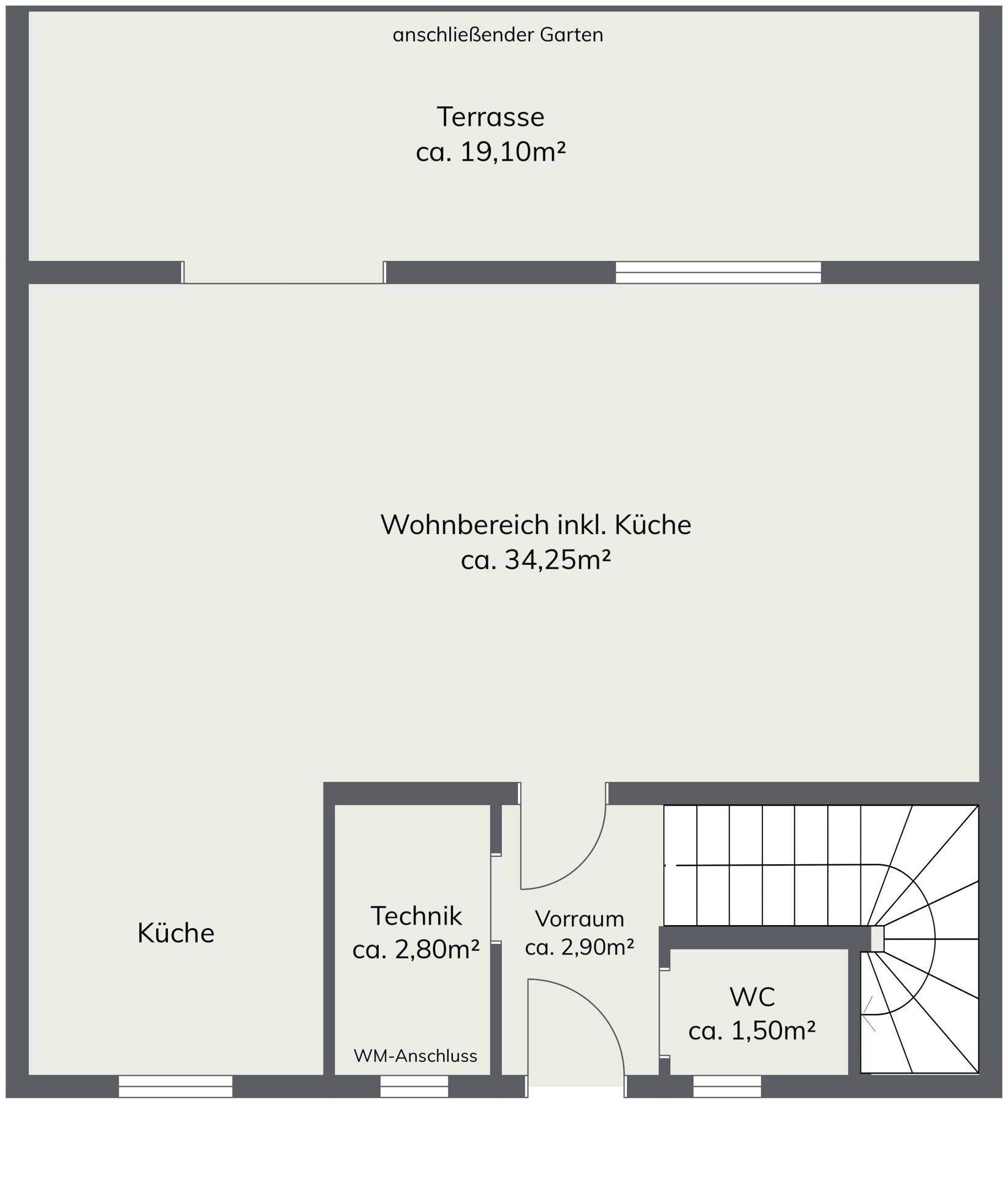 Grundriss des Erdgeschosses mit offenem Wohnbereich, Küche, WC und großer Terrasse.